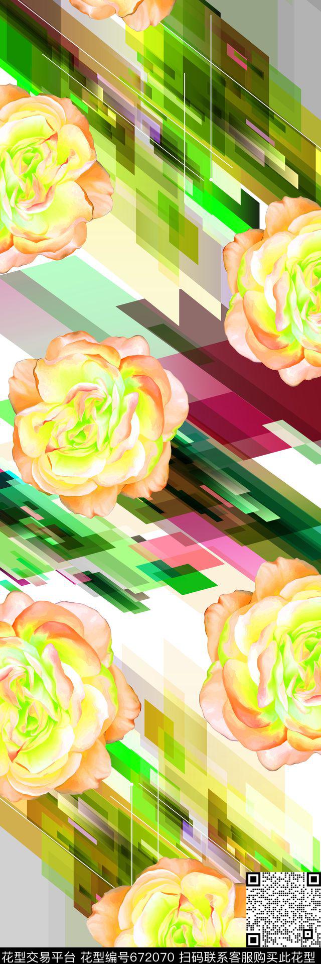 20160722几何和花-3.jpg - 672070 - 时尚 花卉 梦幻 - 数码印花花型 － 长巾花型设计 － 瓦栏