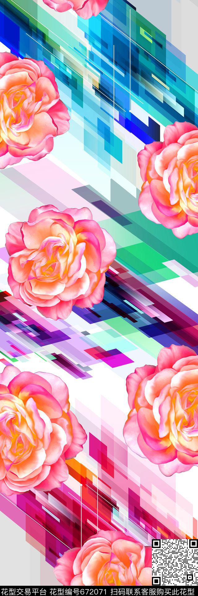 20160722几何和花-4.jpg - 672071 - 时尚 花卉 梦幻 - 数码印花花型 － 长巾花型设计 － 瓦栏