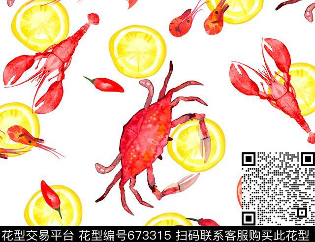柠檬小龙虾海鲜.jpg - 673315 - 趣味童装印花 龙虾螃蟹 柠檬 - 数码印花花型 － 童装花型设计 － 瓦栏