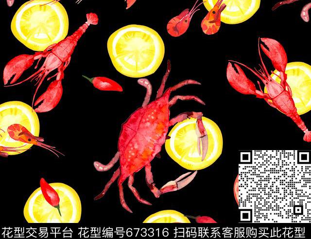 柠檬小龙虾海鲜-B.jpg - 673316 - 趣味童装印花 龙虾螃蟹 柠檬 - 数码印花花型 － 童装花型设计 － 瓦栏