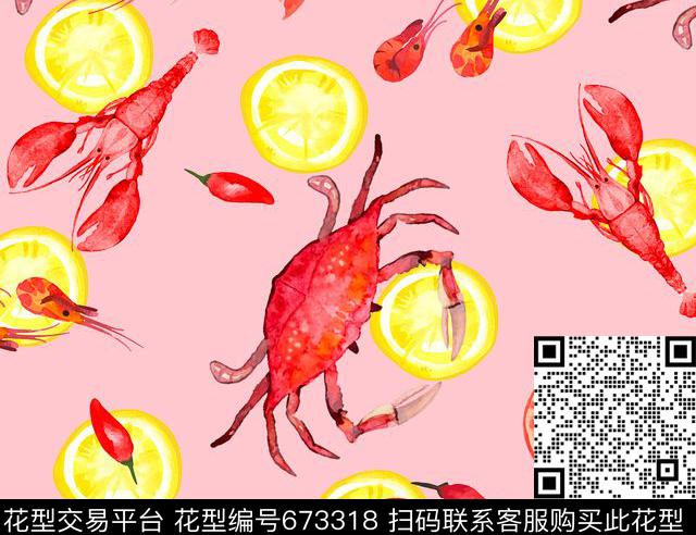 柠檬小龙虾海鲜-D.jpg - 673318 - 趣味童装印花 龙虾螃蟹 柠檬 - 数码印花花型 － 童装花型设计 － 瓦栏