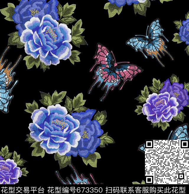 D&G刺绣蝴蝶-A.jpg - 673350 - D&G 民族风 刺绣花鸟 - 数码印花花型 － 女装花型设计 － 瓦栏