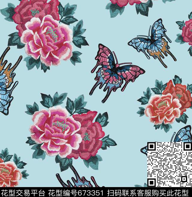 D&G刺绣蝴蝶-B.jpg - 673351 - D&G 民族风 刺绣花鸟 - 数码印花花型 － 女装花型设计 － 瓦栏