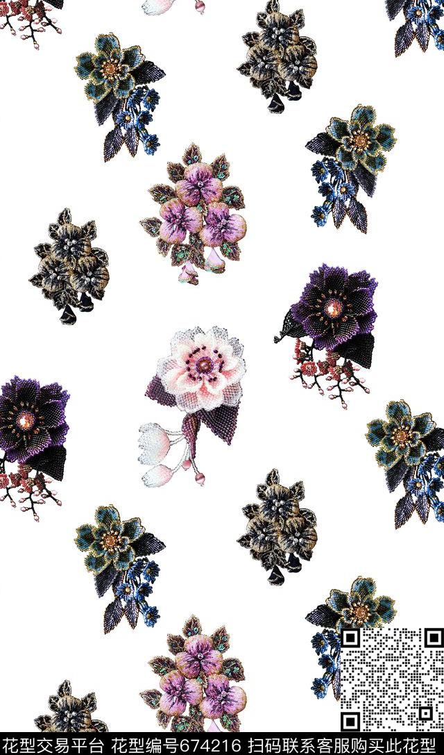 钉珠花B.jpg - 674216 - 钉珠 花卉 珠宝 - 数码印花花型 － 女装花型设计 － 瓦栏