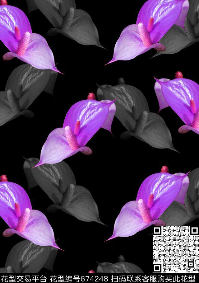 时尚黑底热带小花-2.jpg - 674248 - 甜美花卉 高贵 花朵 - 数码印花花型 － 女装花型设计 － 瓦栏