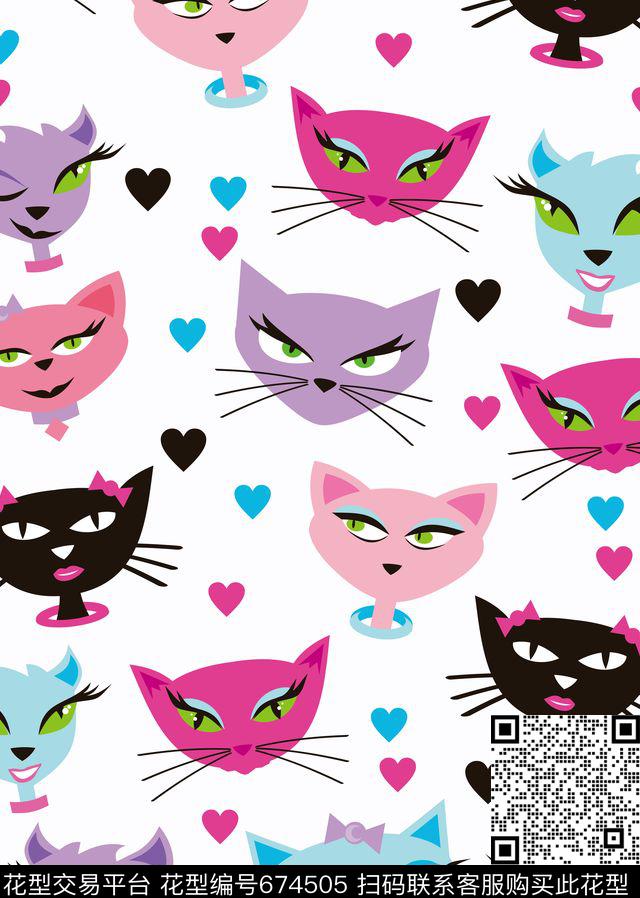 多色卡通猫头.jpg - 674505 - 猫 动物纹 - 传统印花花型 － 女装花型设计 － 瓦栏