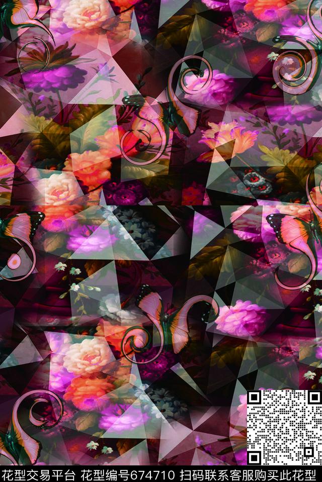 花卉几何配创意蝴蝶1.jpg - 674710 - 花卉 复古 抽象 - 数码印花花型 － 女装花型设计 － 瓦栏