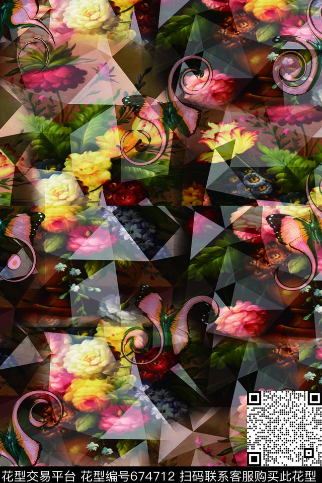 花卉几何配创意蝴蝶2.jpg - 674712 - 花卉 复古 抽象 - 数码印花花型 － 女装花型设计 － 瓦栏