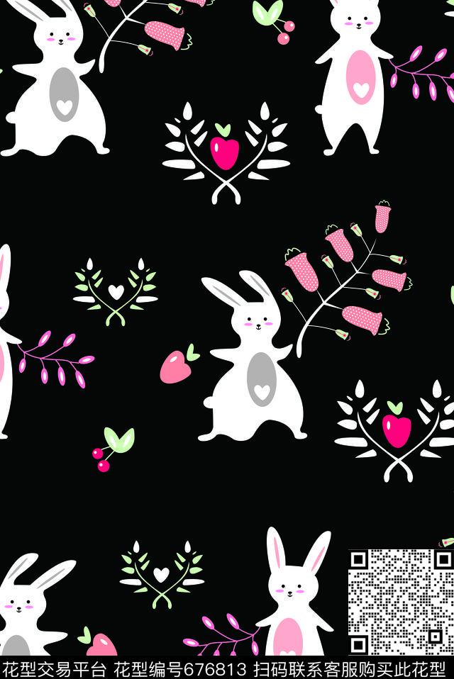 卡通白兔.jpg - 676813 - 花朵 黑白花 兔子 - 传统印花花型 － 童装花型设计 － 瓦栏