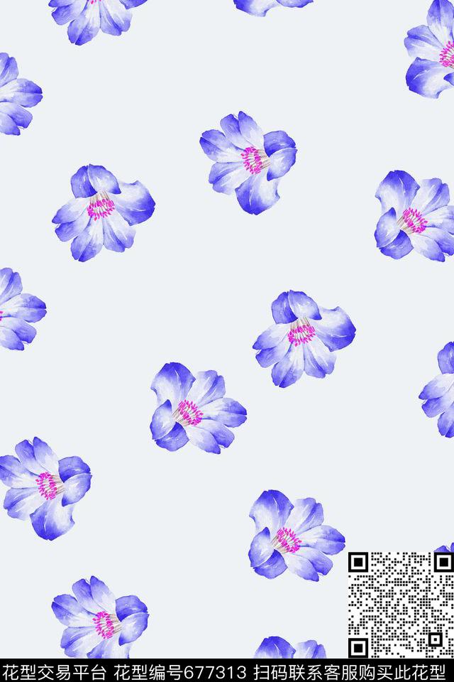 花12浅蓝底.jpg - 677313 - 花朵 花卉 - 数码印花花型 － 女装花型设计 － 瓦栏