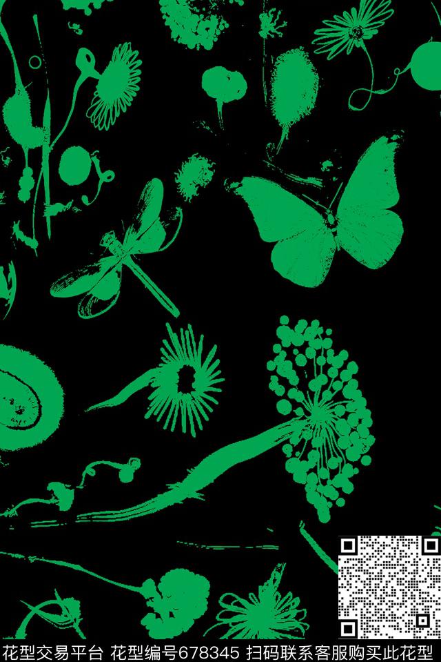 花卉艺术剪影1.jpg - 678345 - 花卉 昆虫 抽象 - 传统印花花型 － 男装花型设计 － 瓦栏
