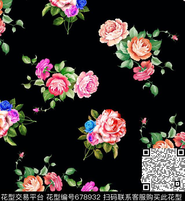 MF46.jpg - 678932 - 黑色大气 手绘图案 玫瑰花 - 数码印花花型 － 女装花型设计 － 瓦栏