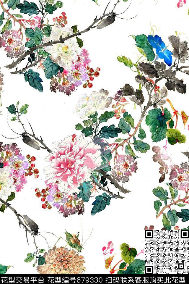 3219.jpg - 679330 - 国画 花卉 中国风 - 数码印花花型 － 女装花型设计 － 瓦栏