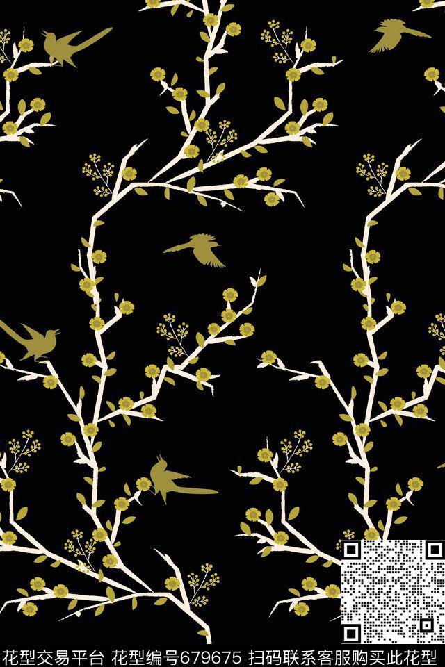 中国风梅枝上鸟3.jpg - 679675 - 中国风 梅花 小鸟 - 传统印花花型 － 女装花型设计 － 瓦栏