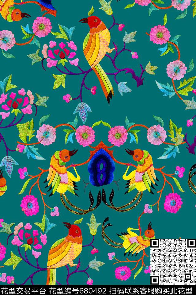 ys-299-0.jpg - 680492 - 中国风 绣花花卉 鸟 - 数码印花花型 － 女装花型设计 － 瓦栏