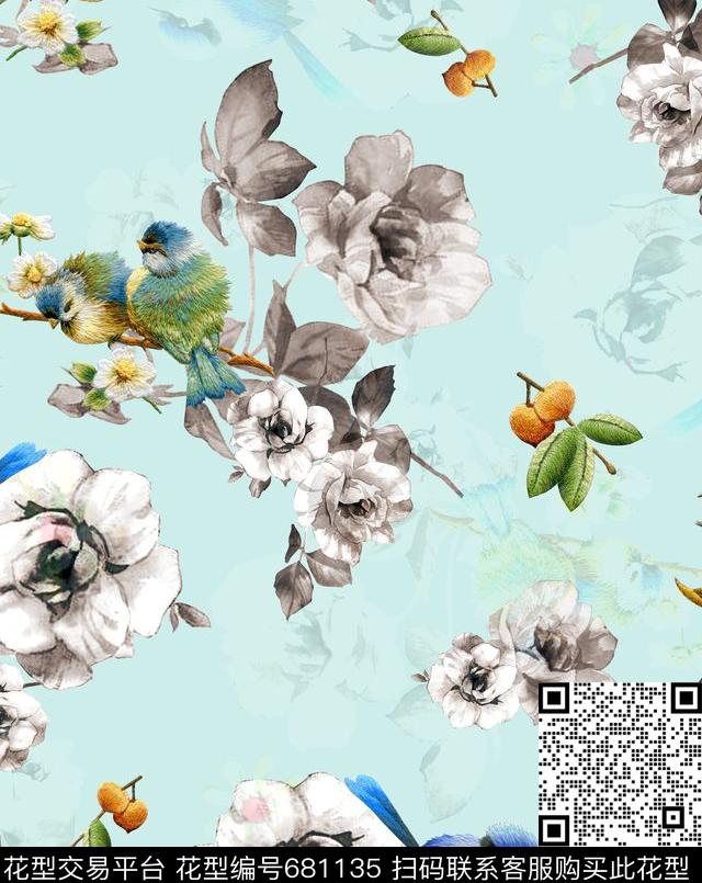 刺绣玫瑰花鸟-B.jpg - 681135 - 刺绣花鸟 D&G 水彩玫瑰 - 数码印花花型 － 女装花型设计 － 瓦栏