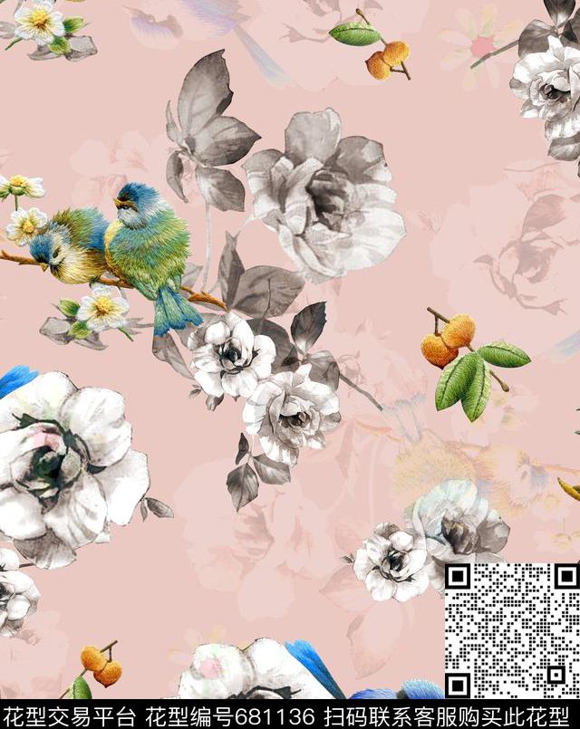 刺绣玫瑰花鸟-c.jpg - 681136 - 刺绣花鸟 D&G 水彩玫瑰 - 数码印花花型 － 女装花型设计 － 瓦栏