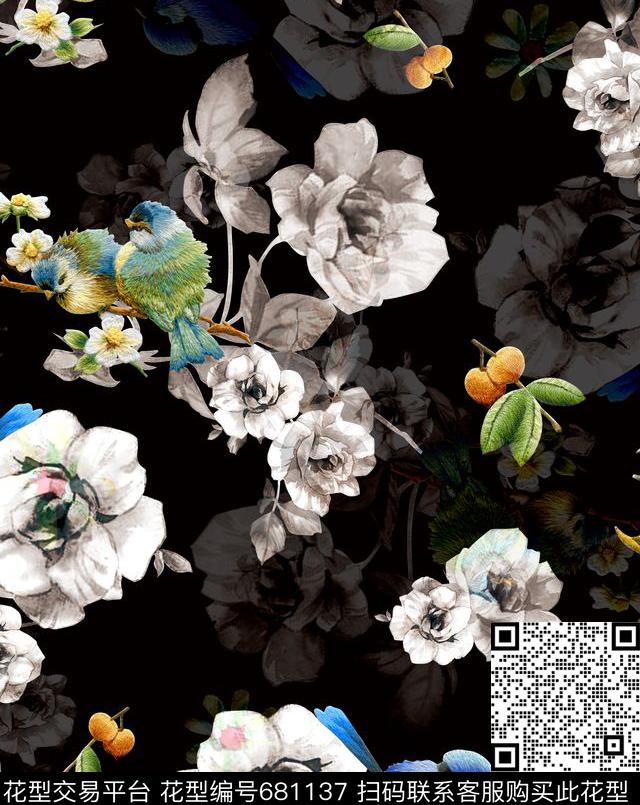 刺绣玫瑰花鸟-D.jpg - 681137 - 刺绣花鸟 D&G 水彩玫瑰 - 数码印花花型 － 女装花型设计 － 瓦栏
