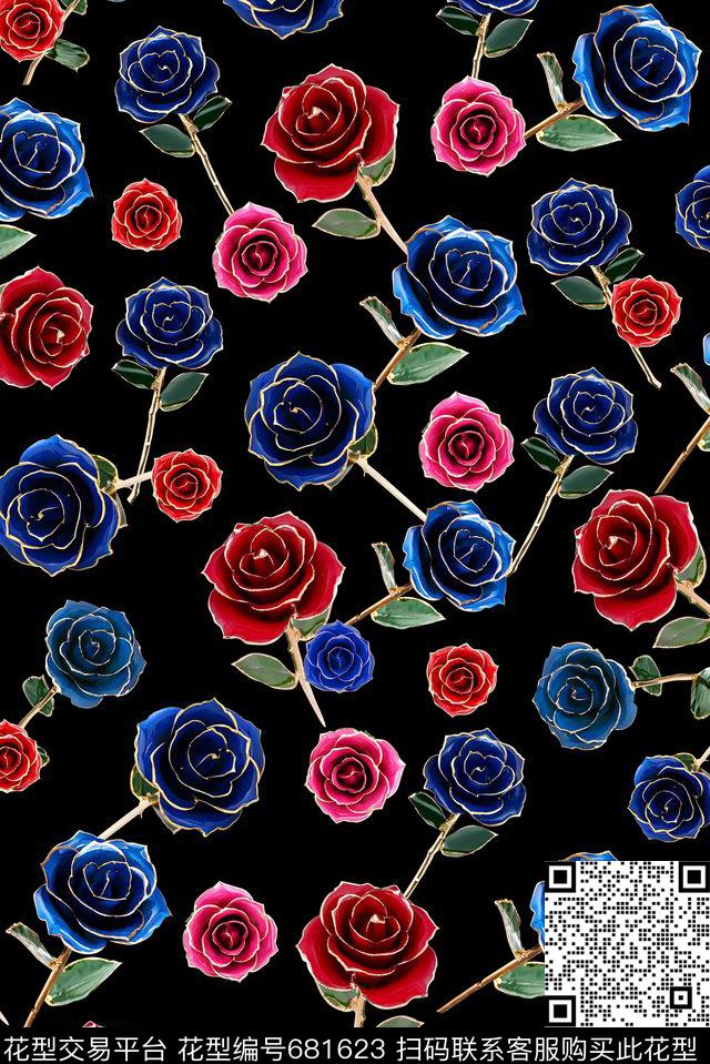 瓷玫瑰.jpg - 681623 - 浪漫花卉 玫瑰 宫廷风 - 数码印花花型 － 女装花型设计 － 瓦栏