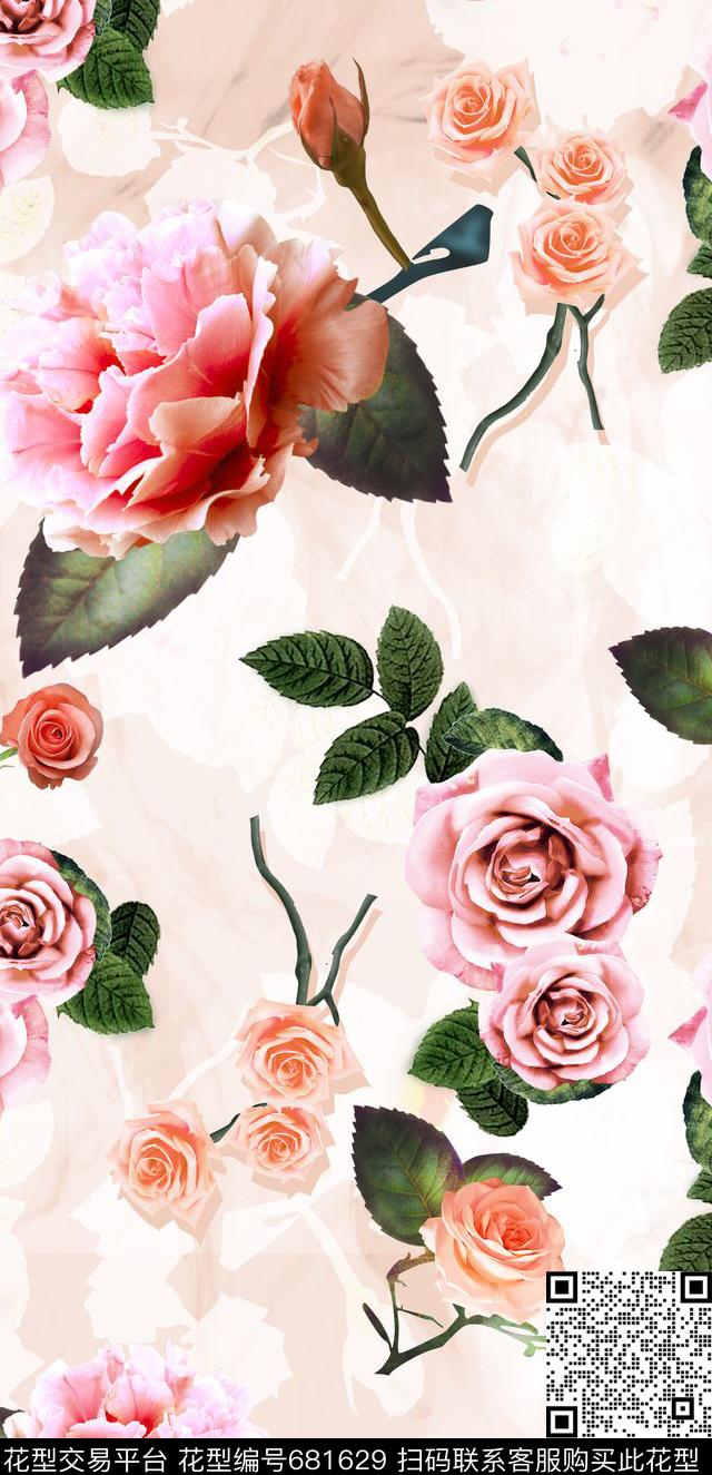 梦幻手绘感玫瑰花卉-B.jpg - 681629 - 梦幻 手绘感玫瑰花 山茶花 - 数码印花花型 － 女装花型设计 － 瓦栏