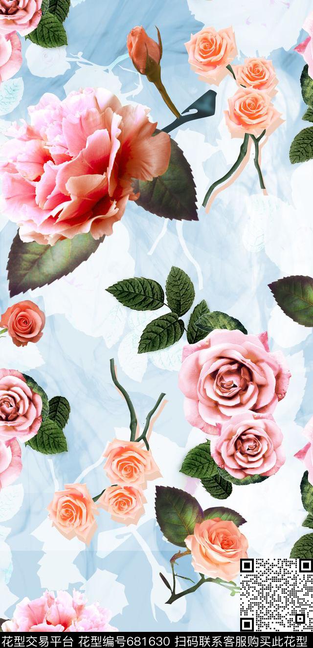 梦幻手绘感玫瑰花卉-A.jpg - 681630 - 梦幻 手绘感玫瑰花 山茶花 - 数码印花花型 － 女装花型设计 － 瓦栏