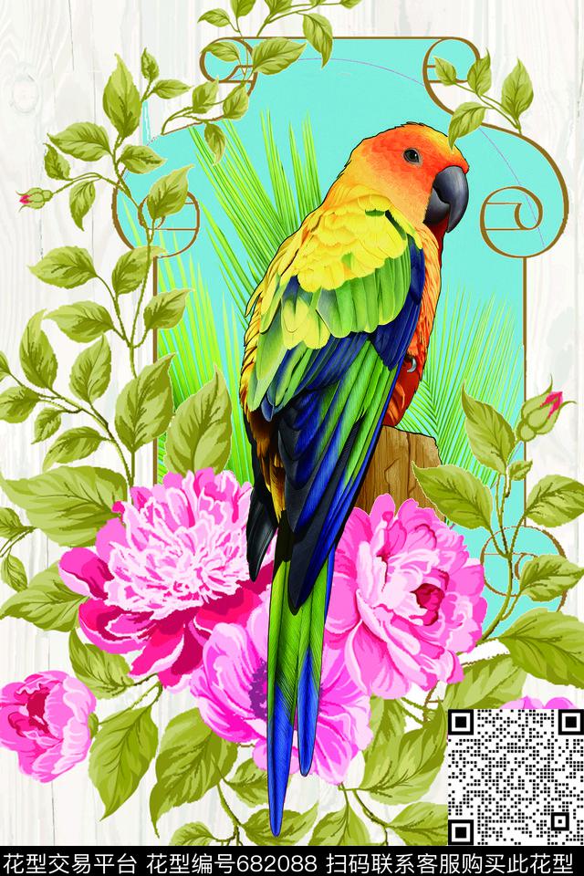 yingwu.jpg - 682088 - 独幅 动物纹 鹦鹉 - 数码印花花型 － 童装花型设计 － 瓦栏