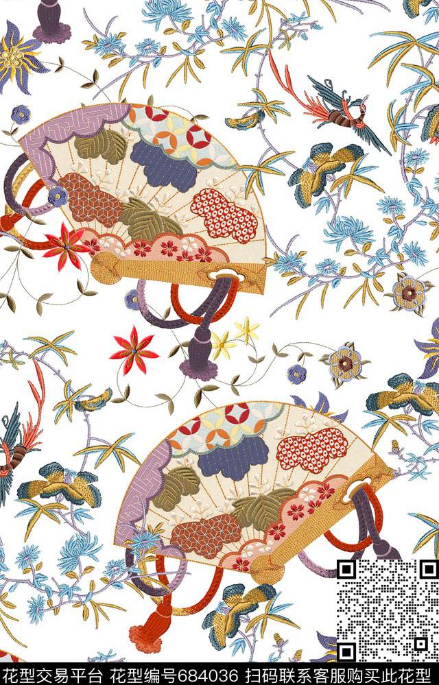 刺绣扇子花卉-B.jpg - 684036 - 东方元素 民族风绣花 刺绣花卉 - 数码印花花型 － 女装花型设计 － 瓦栏