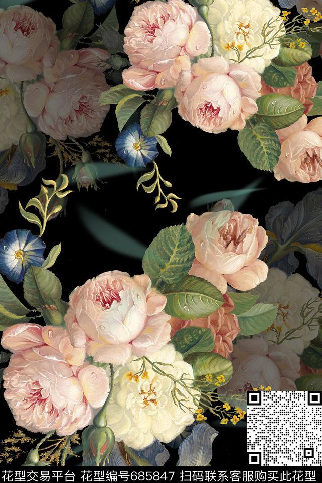 油画花卉.jpg - 685847 - 油画花卉 五彩 玫瑰 - 数码印花花型 － 女装花型设计 － 瓦栏