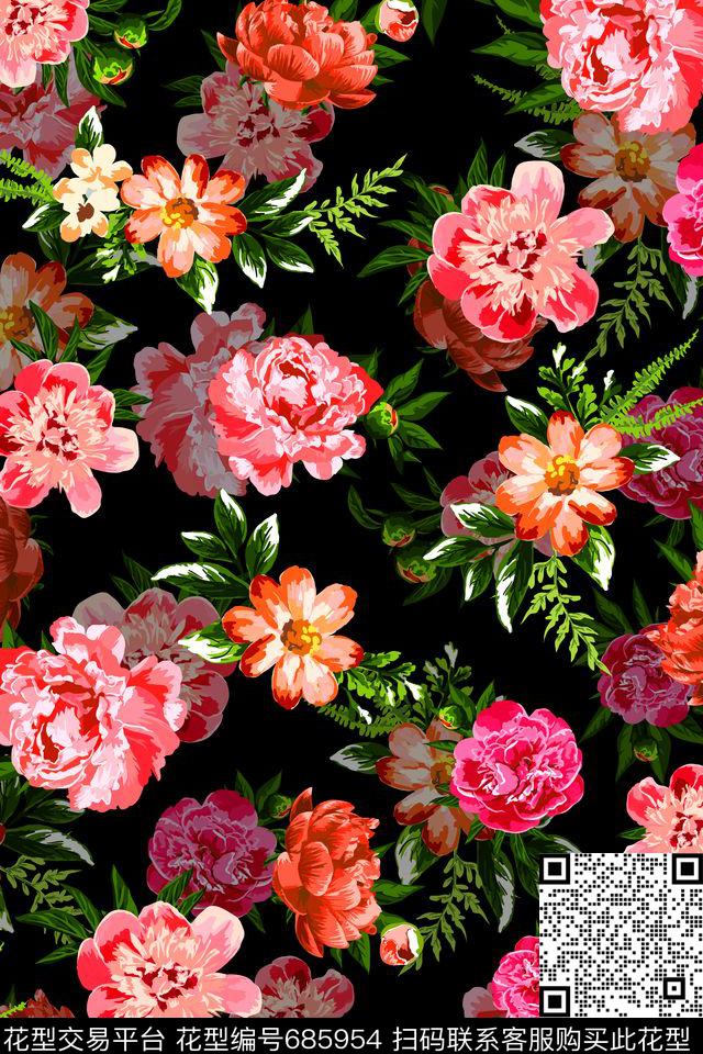 水彩实色花朵08947.tif - 685954 - 花卉 花朵 纺家 - 传统印花花型 － 女装花型设计 － 瓦栏