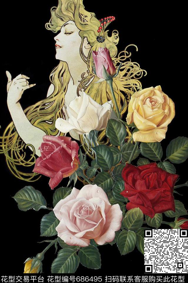 油画花卉人物.jpg - 686495 - 人物 时尚油画 玫瑰 - 数码印花花型 － 女装花型设计 － 瓦栏