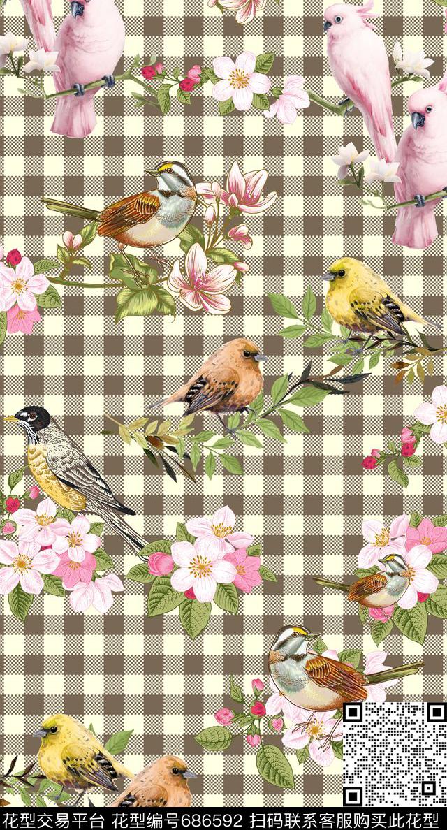 JPEG-10.jpg - 686592 - 手绘花鸟 手绘鸟 格子 - 数码印花花型 － 女装花型设计 － 瓦栏