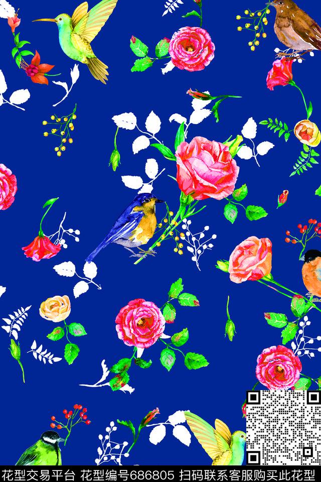 水彩果实叶子小鸟08952b.tif - 686805 - 水彩 花朵 果实 - 数码印花花型 － 女装花型设计 － 瓦栏