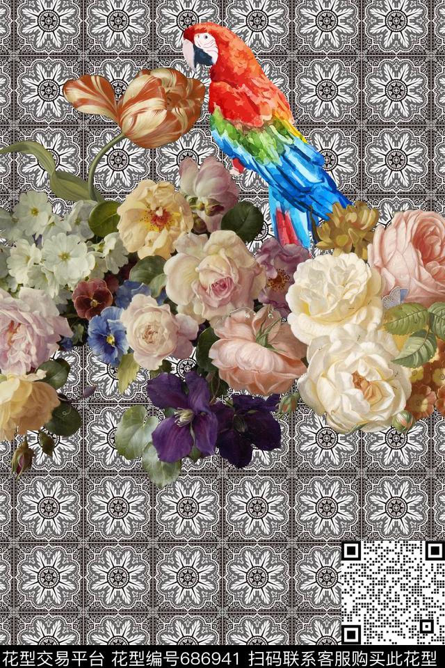 油画花卉鸟 几何.jpg - 686941 - 时尚油画 玫瑰 花朵 - 数码印花花型 － 女装花型设计 － 瓦栏