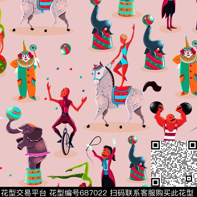 马戏团动人物表演豆.jpg - 687022 - 趣味 马戏团动物人物小丑表演 - 传统印花花型 － 女装花型设计 － 瓦栏