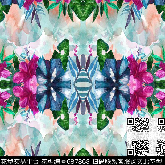 花卉方巾X1.jpg - 687863 - 彩色 大花 花卉 - 数码印花花型 － 方巾花型设计 － 瓦栏