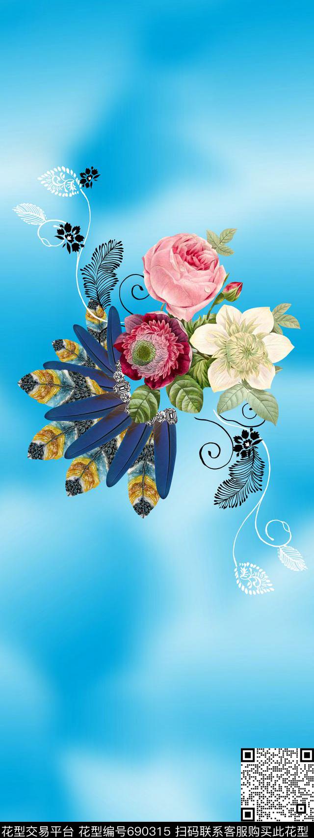 IE-MEY016.jpg - 690315 - 羽毛 云纹 手绘花 - 数码印花花型 － 女装花型设计 － 瓦栏