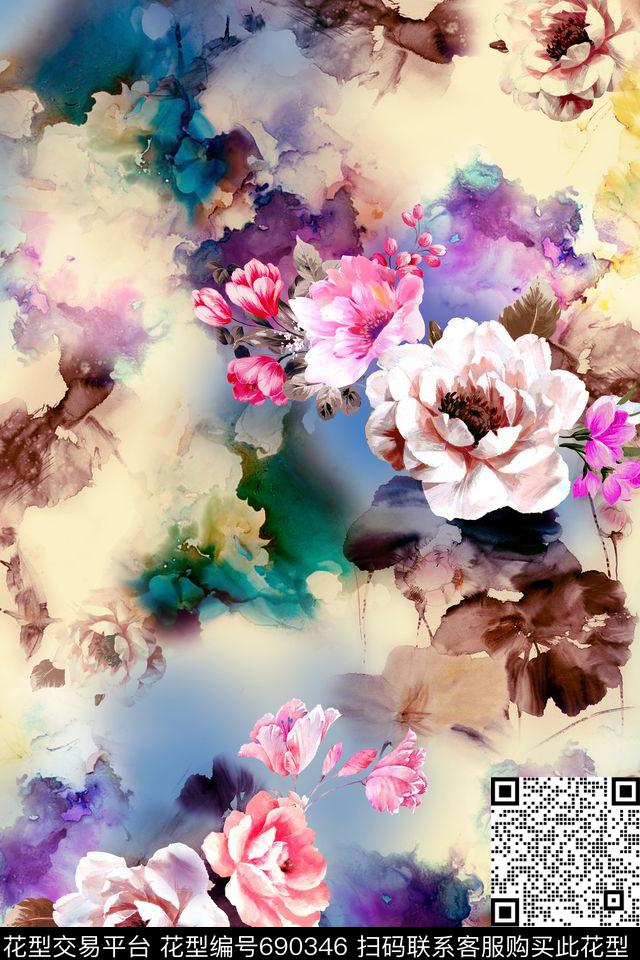 IE-ME51027.jpg - 690346 - 中国风 云纹 花卉 - 数码印花花型 － 女装花型设计 － 瓦栏