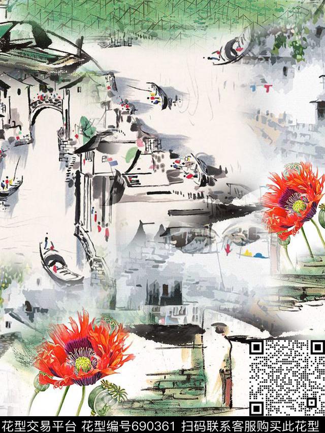 IE-MEY015.jpg - 690361 - 中国风 风景 水墨 - 数码印花花型 － 女装花型设计 － 瓦栏