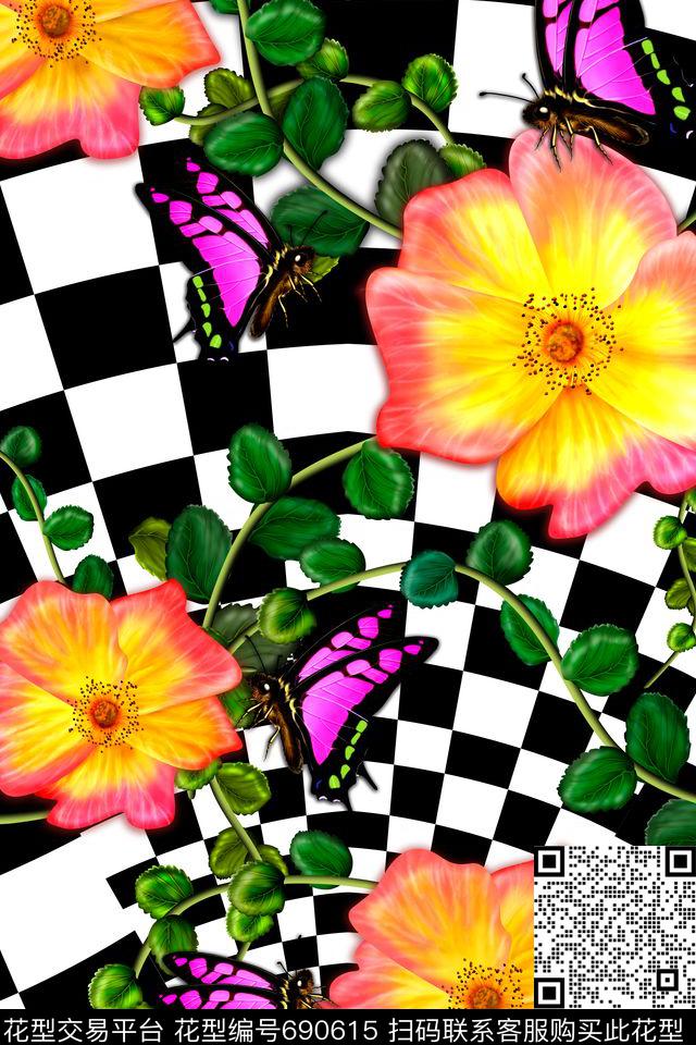 160810.jpg - 690615 - 叶子 花卉 格子 - 数码印花花型 － 女装花型设计 － 瓦栏