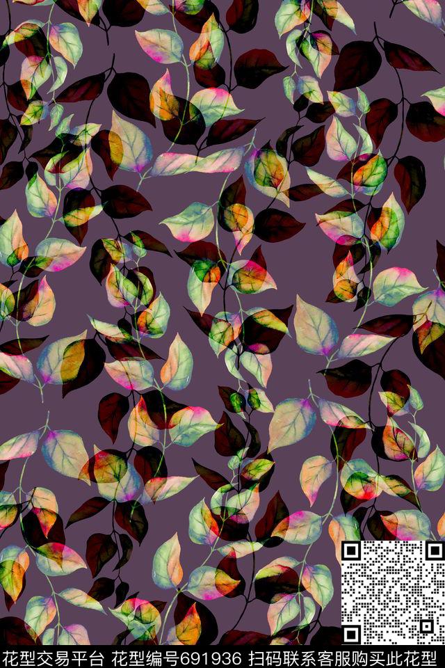 2016081702-a.jpg - 691936 - 复古 花卉 手绘叶子 - 数码印花花型 － 女装花型设计 － 瓦栏