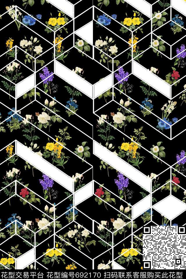 31005 几何花卉四方连续.jpg - 692170 - 几何 花卉 立体 - 数码印花花型 － 女装花型设计 － 瓦栏
