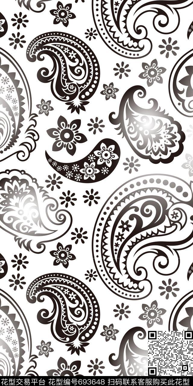 黑白灰腰果花.jpg - 693648 - 火腿花 佩斯利 腰果 - 传统印花花型 － 女装花型设计 － 瓦栏