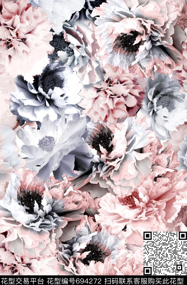 梦幻玫瑰花卉.jpg - 694272 - 梦幻玫瑰花卉 粉红玫瑰 月季花 - 数码印花花型 － 女装花型设计 － 瓦栏