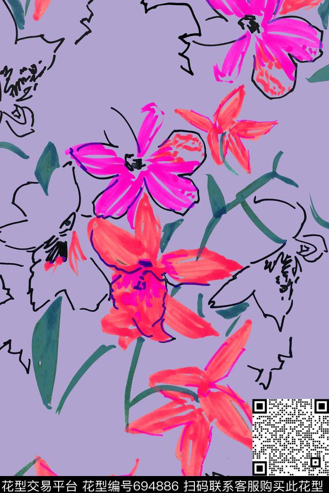 手绘抽象花卉1.jpg - 694886 - 定制 - 数码印花花型 － 女装花型设计 － 瓦栏