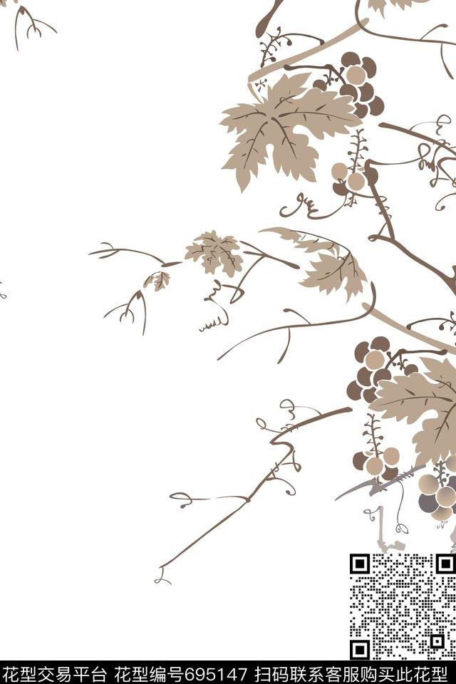 国画.jpg - 695147 - 民族风 中国风 植物纹 - 数码印花花型 － 窗帘花型设计 － 瓦栏