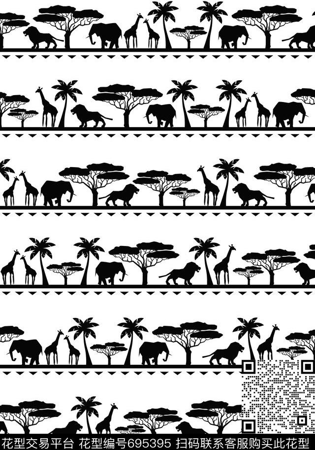 黑白条形非洲动物纹.jpg - 695395 - 工笔画 简欧 非洲 - 传统印花花型 － 女装花型设计 － 瓦栏