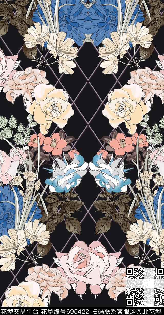 栅栏玫瑰花-A.jpg - 695422 - 手绘线条玫瑰 栅栏玫瑰花卉 白描线描手绘花卉 - 数码印花花型 － 女装花型设计 － 瓦栏