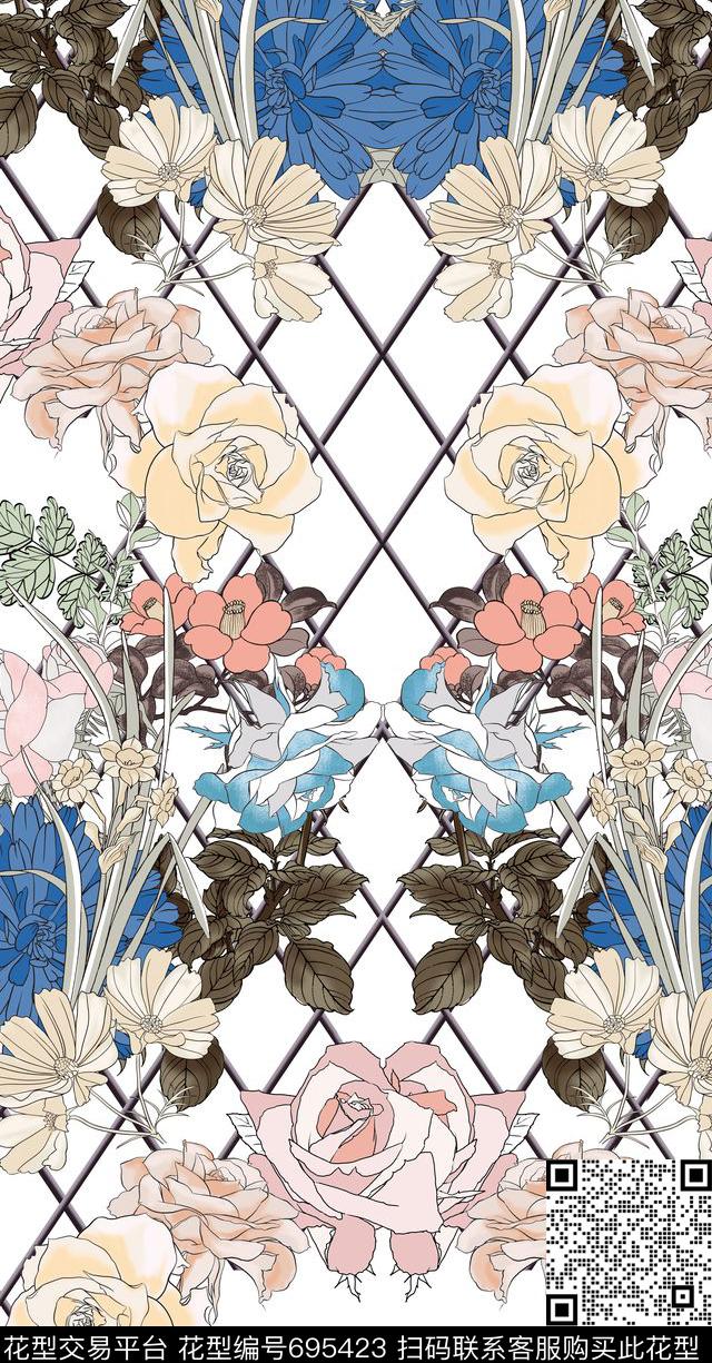 栅栏玫瑰花-b.jpg - 695423 - 手绘线条玫瑰 栅栏玫瑰花卉 白描线描手绘花卉 - 数码印花花型 － 女装花型设计 － 瓦栏