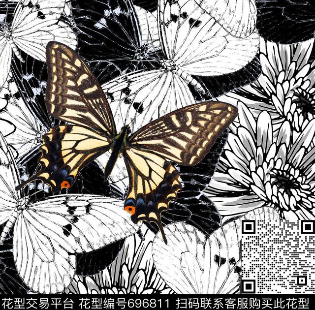 原创蝴蝶纹理B.jpg - 696811 - 翅膀 蝴蝶 菊花 - 数码印花花型 － 女装花型设计 － 瓦栏