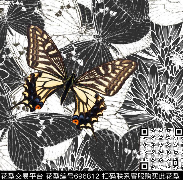 原创蝴蝶纹理.jpg - 696812 - 翅膀 蝴蝶 菊花 - 数码印花花型 － 女装花型设计 － 瓦栏